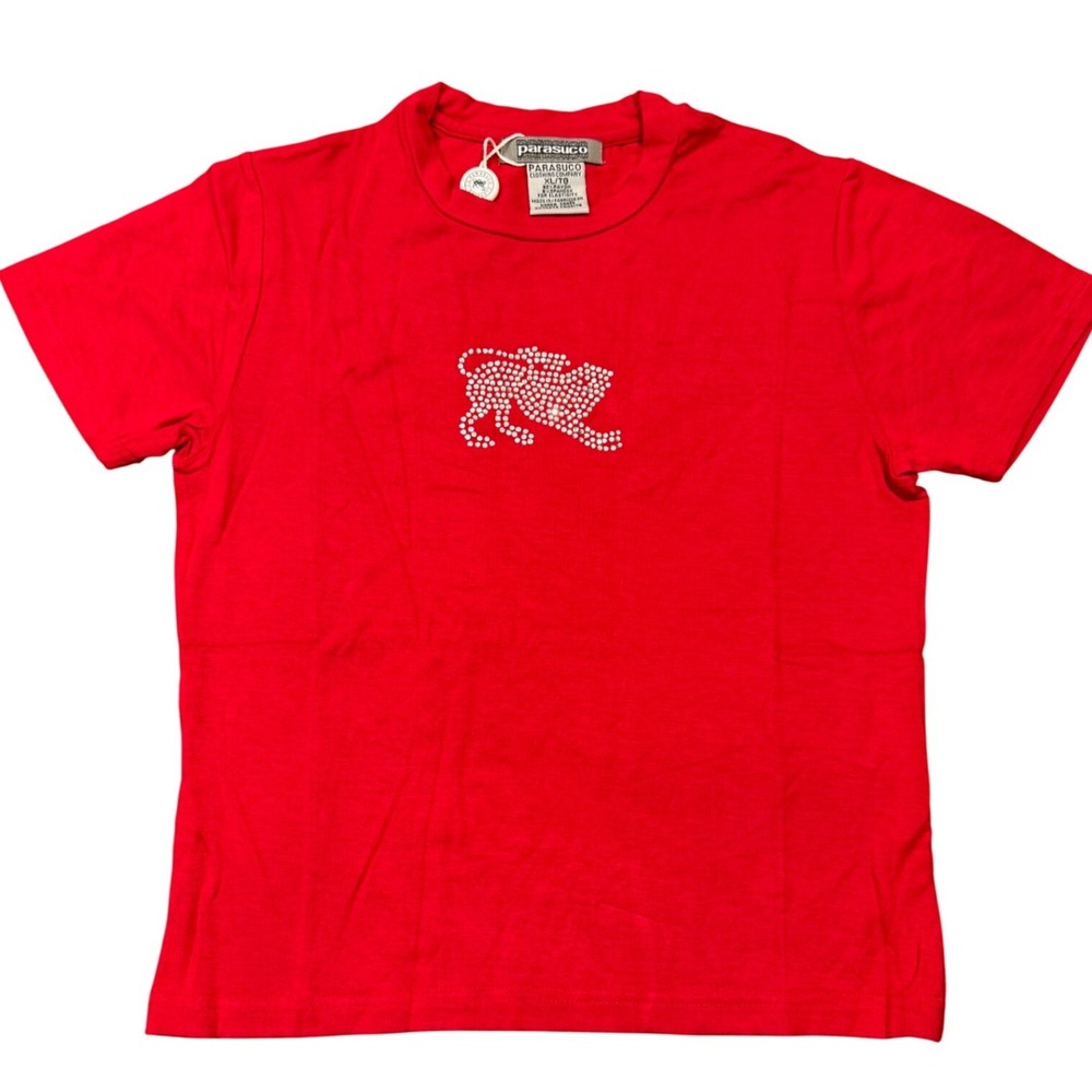 VTG PARASUCO‎ Red Rhinestone Lion Graphic T Shirt XL Ladies Short Sleeve Top